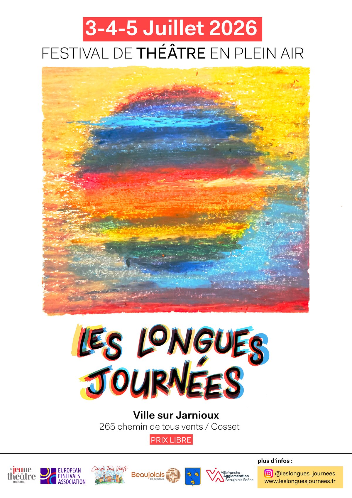 Affiche officielle de la 4ᵉ édition des Longues Journées — 3, 4 et 5 juillet 2026 à Ville-sur-Jarnioux